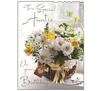Illustrated Auntie Birthday Card - (JJ3605) - Basket - From The Velvet Range - Embossed With A Silver Foil & Flitter Finish