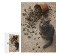 Illustrated Cat Sitting Next to A Fallen Plant Pot Jigsaw Puzzle, 300 PCS, for Adults, Shared Puzzle Time for Family And Friends, for Indoor Play