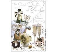 Illustrated Daughter & Son-In-Law Silver Anniversary Card - (JJ9226) - Daughter & Son-In-Law Silver Anniversary - From The Velvet Range - Embossed With A Silver Foil & Flitter Finish