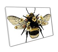 Illustrated Detailed Fluffy Bumble Bee And Yellow Flowers Wall Art Print On Canvas Picture For Home Office Decor 30x20cm (12x8In)