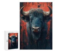 Illustrated Dramatic Buffalo Portrait with Red Accents Jigsaw Puzzle, 300 PCS, for Adults, Shared Puzzle Time for Family And Friends, for Quiet Evenings