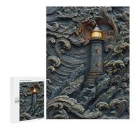 Illustrated Golden Lighthouse Swirling Waves Relief Jigsaw Puzzle, 500 PCS, for Adults, An Engaging Indoor Activity for Quiet Evenings, for Family Fun