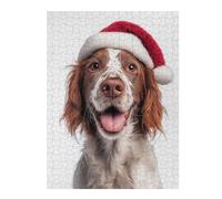 Illustrated Jigsaw Puzzle for Adults, Irish Red And White Setter Dog with Santa Hat Portrait, 500 PCS