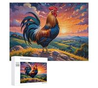 Illustrated Jigsaw Puzzle for Adults, Rooster on Hilltop at Sunset, 500 PCS