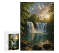 Illustrated Majestic Waterfall in Lush Green Forest Jigsaw Puzzle, 300 PCS, for Adults, An Engaging Indoor Activity for Quiet Evenings, at Home