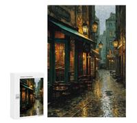 Illustrated Rainy Parisian Street Cafe at Night Jigsaw Puzzle, 300 PCS, for Adults, A Creative Way to Unwind after A Busy Day, for Family Fun
