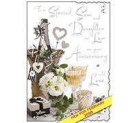 Illustrated Son & Daughter-In-Law Anniversary Card - (JJ9257) - Son & Daughter-In-Law With Love Anniversary - From The Velvet Range - Embossed With A Silver Foil & Flitter Finish