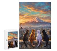 Illustrated Team Cat Looking Sunset Mount Fuji Jigsaw Puzzle, 1000 PCS, for Adults, Versatile Leisure for Adults Who Enjoy Jigsaws, at Home