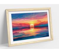 Illustration beautiful colorful sunset sea Stunning Framed Wall Art Print Picture - A3 - Light Oak Frame