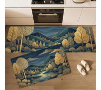 Illustration Decorative Arts Kitchen Mat Sets, Non-slip Durable Trees Mountains Rivers Kitchen Rug, Washable Comfort Standing 2 Pieces Gold Floor Mat, for Bedroom Hallway Dining Room 50x80cm+50x180cm