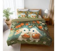 Illustration Double Duvet Cover Set With Super Soft Pillowcases, Dreamy Rabbit Orange Quilt Cover with Zipper Closure for Kids Girls Teens Adults, Sage Green Bedding Set 200 x 200 cm
