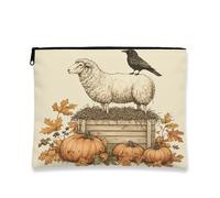 Illustration Fall Sheep Makeup Bag 7''x9'' for Travel Pouch, Farmhouse Autumn Maple Leaf Toiletry Cosmetic Pouch for Women Gift, Country Farm Portable Canvas Zipper Organizer