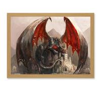 Illustration Fantasy Dragon Castle Wings Artwork Framed Wall Art Print A4 Artery8 Light Oak One Size