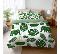 Illustration Single Duvet Cover Set With Super Soft Pillowcase, Elephant Palm Leaves Tropical Quilt Cover with Zipper Closure for Kids Girls Teens Adults, Emerald Green Bedding Set 135 x 200 cm