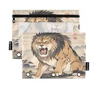Illustrative Lion Earthy 2Pack Pencil Pouch Set for 3 Ring Binder Smooth Zipper with Clear PVC Window Pencil Case for School Supplies