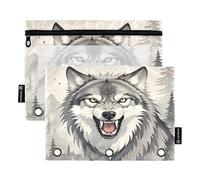 Illustrative Wolf Grey 2Pack Pencil Pouch Set for 3 Ring Binder Smooth Zipper with Clear PVC Window Pencil Case for School Supplies