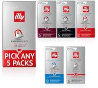 Illy Espresso Ground Coffee Nespresso Compatible Coffee Capsules. Pick Any 5 Packs from: Decaf, Intenso, Classico, Forte, Lungo. (Each Pack 10 Pods, Total 50 Pods)