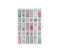 ILOT Shot Glass Display Cabinet Solid Wood - Large Display Case for Collectibles | Man Cave Accessories | UV Protection Acrylic Door | Wall Mounted Black Shadow Box | 36 Divided Slots (26 x 18 White)