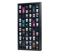 ILOT Shot Glass Display Cabinet Solid Wood - Large Display Case for Collectibles | Man Cave Accessories | UV Protection Acrylic Door | Wall Mounted Black Shadow Box | 52 Divided Slots | 32" x 17"