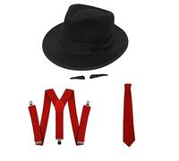 ILOVEFANCYDRESS 4 PIECE RED GANGSTER SET - BLACK HAT WITH BLACK BAND, RED TIE, SUSPENDERS AND STICK ON SPIV MOUSTACHE 1920's