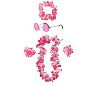 ILOVEFANCYDRESS 5 PIECE HAWAIIAN LEI WITH MATCHING SUNGLASSES COLOUR SET - PINK HAWAIIAN LEI, HEADBAND, BRACELETS AND PINK LENS ROUND SUNGLASSES