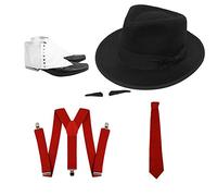 ILOVEFANCYDRESS 5 PIECE RED GANGSTER SET - BLACK HAT WITH BLACK BAND, RED TIE, ADJUSTABLE RED BRACES, SPATS AND STICK ON SPIV MOUSTACHE 1920's