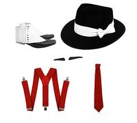ILOVEFANCYDRESS 5 PIECE RED GANGSTER SET - BLACK WITH WHITE BAND, RED TIE, ADJUSTABLE RED BRACES, SPATS AND STICK ON SPIV MOUSTACHE 1920's