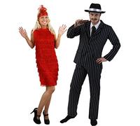 ILOVEFANCYDRESS Couples 1920's Gangster & Flapper Girl Fancy Dress Costume - Pinstripe Gangster Suit + Black Trilby HAT | Ladies RED Fringe Flapper Dress with Feather Headband (Mens: XL + Ladies: XL)