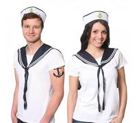 ILOVEFANCYDRESS COUPLES SAILOR SET FANCY DRESS ACCESSORIES SET UNISEX - WHITE DOUGHBOY HAT WITH BLUE EMBROIDERED ANCHOR + NAVY & WHITE SCARF NAUTICAL MARINE NAVY OUTFIT