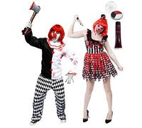 ILOVEFANCYDRESS Ladies Deluxe Killer Clown Halloween Costume - Women's Crazy Costume With Red Bob Wig, Nose, Fake Blood, Make Up and Bloody Axe (X-Large)