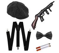 ILOVEFANCYDRESS MENS DELUXE 1920'S GANGSTER SET - 60CM GREY VICTORIAN HERRINGBONE FLAT CAP + FAKE CIGARETTE + BLACK BRACES + BLACK SATIN BOW TIE + INFLATABLE TOMMY GUN