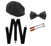 ILOVEFANCYDRESS MENS DELUXE 1920'S PICK POCKET SET - 60CM GREY VICTORIAN HERRINGBONE FLAT CAP + FAKE CIGARETTE + BLACK BRACES + BLACK SATIN BOW TIE