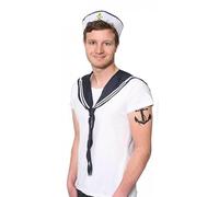 ILOVEFANCYDRESS MENS SAILOR SET FANCY DRESS ACESSORY UNISEX SET - PLAIN WHITE SAILOR DOUGHBOY HAT WITH GOLD EMBROIDERED ANCHOR + NAVY & WHITE SCARF NAUTICAL MARINE NAVY OUTFIT