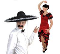 ILOVEFANCYDRESS® MEXICAN COUPLES SPANISH MARIARCHI & SALSA DANCER FANCY DRESS COSTUMES - LADIES SMALL RED RUFFLE RUMBA DRESS + ROSE HAIRPIECE & MENS LARGE BLACK SOMBRERO + BOWTIE + MOUSTACHE
