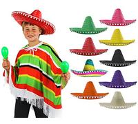 ILOVEFANCYDRESS MEXICAN MULTI COLOURED PONCHO + GREEN SOMBRERO WITH POM POM EDGING