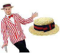 ILOVEFANCYDRESS® RED WHITE STRIPE BLAZER + STRAW BOATER HAT WITH NAVY & RED RIBBON BARBERSHOP EDWARDIAN BOOK WEEK JACKET 1920'S SHOW