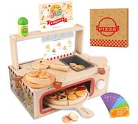 iLuckinSpri Wooden Pizza Toy Set for Kids, 68PCS Montessori Pretend Play Food Toys, Wooden Pizza Counter Playset with Bake Oven & Toy Dishes, Develop Imagination, for Boys & Girls Aged 3+