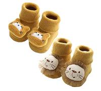 ILUFAM 2 Pairs Baby Non Slip Socks 3D Cartoon Animal Anti-Skid Winter Thick Warm Booties Sock Slippers for Newborn Infant Toddler Boys Girls 0-1 Years Tiger+Lion