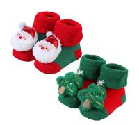 ILUFAM 2 Pairs Christmas Baby Non Slip Socks 3D Newborn Anti-Skid Winter Thick Warm Booties Sock Slippers for Infant Toddler Boys Girls (UK, Age, 0 Months, 12 Months, Santa+Christmas Tree)