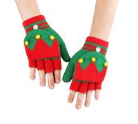 ILUFAM Adult Knitted Half Finger Gloves with Flip Cover Convertible Winter Warm Gloves (Red&Green)