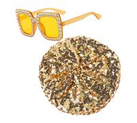 ILUFAM Glitter 70s Sequins Beret Hat with Bling Sunglasses Disco Costume Accessories Set for Women’s Retro Disco Fancy Dress Up Theme Party Birthday Dance (Gold)
