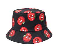 ILUFAM Unisex Reversible Bucket Hat, Foldable Vegetable Print Beach Sun Hats Wide Brim Cap for Women Men Teens Girls Boys Fishing Traveling Hiking Camping Holiday (Tomato Black)