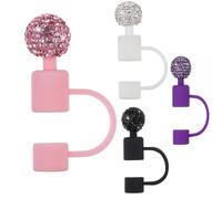 iLulala 4pcs Bling Straw Cover Topper for Stanley Cup, Rhinestone 10mm Straw Cap for Stanley 30&40 Oz Tumblers for Water Bottle Accessories. (White/Pink/Black/Purple)