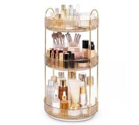 ilus 360 Rotating Makeup Organiser, 3 Tier Make up Storage Organiser, Cosmetics Storage Box with Gold Metal Frame, Large Capacity Perfume & Skincare Organizer for Bathroom, Vanity, Bedroom, Gold