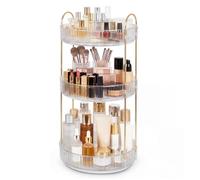 ilus 360 Rotating Makeup Organiser, 3 Tier Make up Storage Organiser, Cosmetics Storage Box with Gold Metal Frame, Large Capacity Perfume & Skincare Organizer for Bathroom, Vanity, Bedroom, White