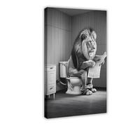 ILXTJHSDRYH Black And White Photo of A Lion Reading on The Toilet, Fun Bathroom Decor Canvas Art Wall Decor Posters Home Bar Restaurant Garage Cafe Logo Gifts 16x24inch(40x60cm)