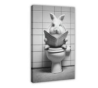 ILXTJHSDRYH Black And White Photo of A Rabbit Reading on The Toilet, Fun Bathroom Decor Canvas Art Wall Decor Posters Home Bar Restaurant Garage Cafe Logo Gifts 16x24inch(40x60cm)