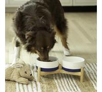 Ilyapa Ceramic Dog Bowls - Elevated Dog Bowl Stand for Medium Sized Pet with Raised Food and Water Set - Blue Double 6 inch, 28 Oz Bowls & 13x6.3x5.5 Wooden Stand