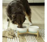 Ilyapa Ceramic Dog Bowls - Elevated Dog Bowl Stand for Medium Sized Pet with Raised Food and Water Set - Green Double 6 inch, 28 Oz Bowls & 13x6.3x5.5 Wooden Stand