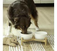 Ilyapa Ceramic Dog Bowls - Elevated Dog Bowl Stand for Medium Sized Pet with Raised Food and Water Set - Gray Double 6 inch, 28 Oz Bowls & 13x6.3x5.5 Wooden Stand